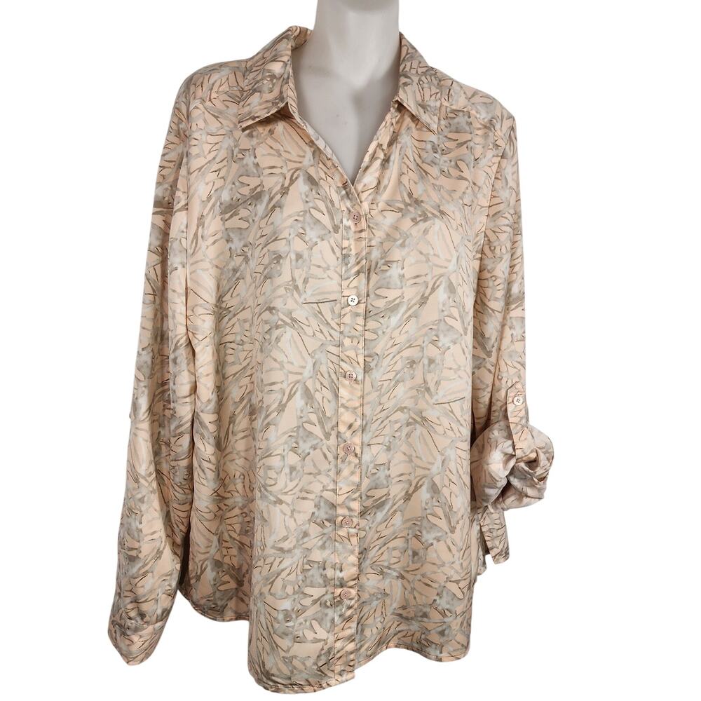 Chico’s Women’s Shirt Long Tab Sleeve Peach Gray Button Up Collared Size 2 Large